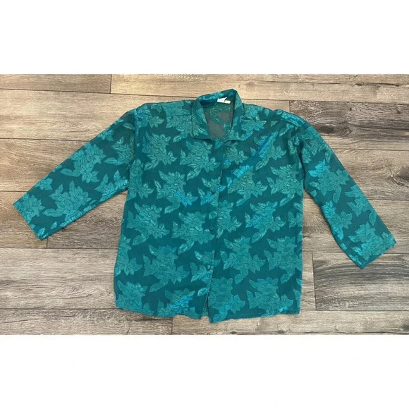 Vintage Victoria's Secret Pajama Set Pants Top Gold Label Leaf Sheer Green M - Picture 2 of 5